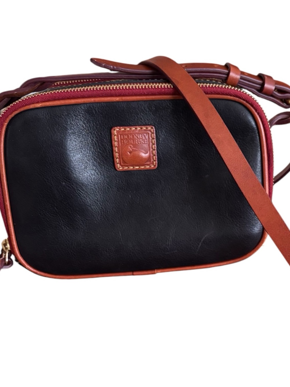 Dooney & Bourke Vintage Sawyer Saffiano Black Leather Crossbody with Saddle Trim